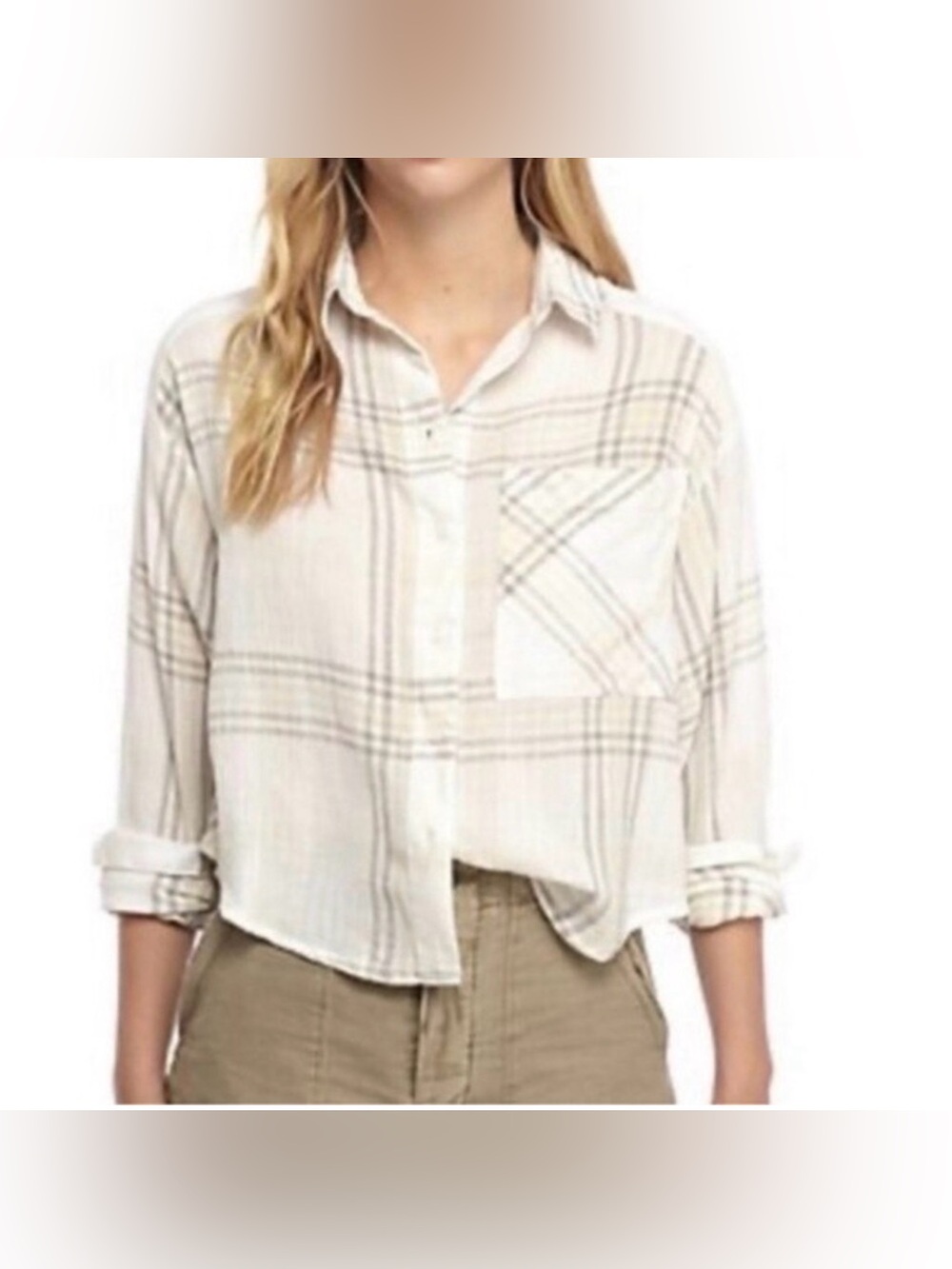 Free People Plaid Button Down Shirt XS White Gray Yellow Cotton Metallic Crop